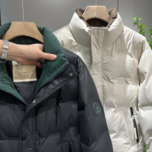 Mens Winter Japanese Style Down Coats Mens Fashion Casual Stand Collar White Duck Down Jacket Thicken Warm Windproof Ski Outwear